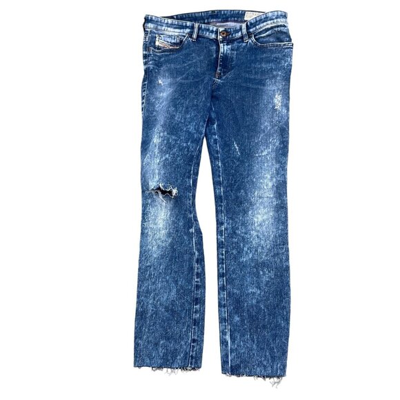 Diesel Jeans Women 31W 26.5L Blue Acid Wash Skinzee Super Slim Skinny Cut‎ Off - Picture 1 of 12